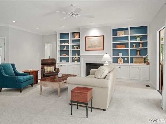 4416 Killiam Ct, Henrico, VA 23060 - living room featuring crown molding, light colored carpet, ceiling fan, recessed lighting, and a fireplace