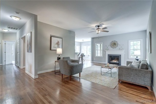 5501 Pine Needles Ter, Providence Forge, VA 23140 - living room featuring a ceiling fan, wood finished floors, and a glass covered fireplace