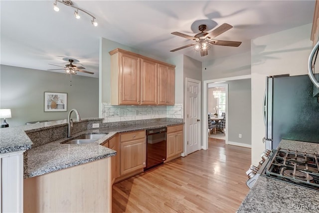 5501 Pine Needles Ter, Providence Forge, VA 23140 - kitchen with dishwasher, a ceiling fan, light brown cabinets, and freestanding refrigerator