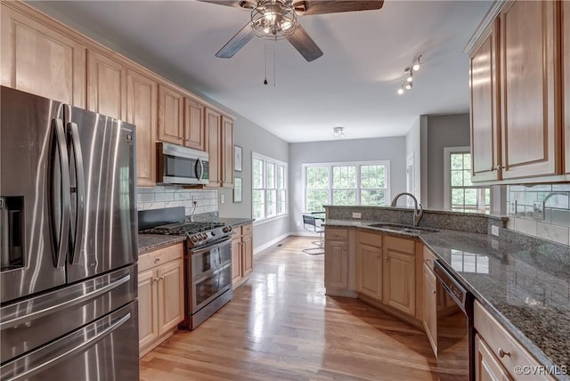 5501 Pine Needles Ter, Providence Forge, VA 23140 - kitchen with stainless steel appliances, ceiling fan, healthy amount of natural light, and backsplash