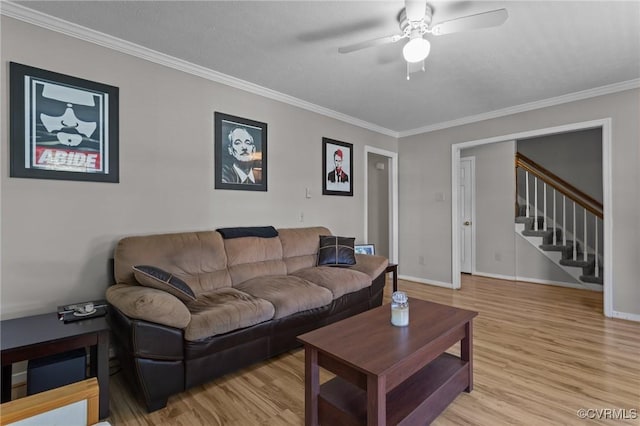 6521 N Midview Rd, Henrico, VA 23231 - living room with ornamental molding, light wood-type flooring, stairs, and a ceiling fan