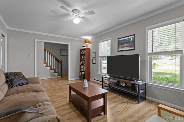 6521 N Midview Rd, Henrico, VA 23231 - living area featuring stairs, light wood-style floors, crown molding, and a ceiling fan