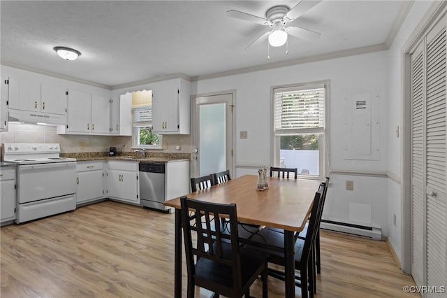 6521 N Midview Rd, Henrico, VA 23231 - kitchen with electric stove, stainless steel dishwasher, under cabinet range hood, baseboard heating, and ceiling fan