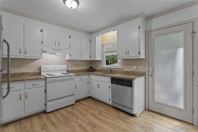 6521 N Midview Rd, Henrico, VA 23231 - kitchen featuring stainless steel dishwasher, white electric range oven, under cabinet range hood, ornamental molding, and white cabinets