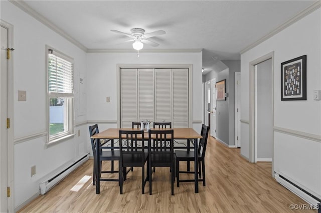 6521 N Midview Rd, Henrico, VA 23231 - dining room with baseboard heating, ceiling fan, light wood finished floors, and crown molding