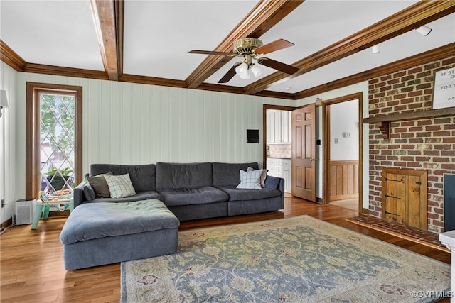 8327 Fulham Ct, Richmond, VA 23227 - living room featuring beam ceiling, wood finished floors, a ceiling fan, and ornamental molding