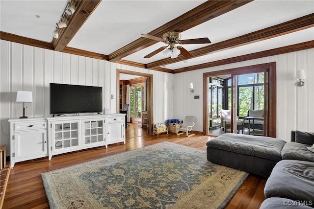 8327 Fulham Ct, Richmond, VA 23227 - living room featuring crown molding, healthy amount of natural light, ceiling fan, beamed ceiling, and dark wood-style floors