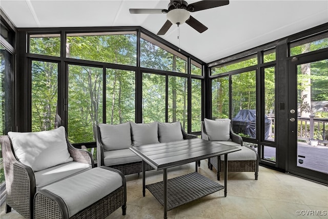 8327 Fulham Ct, Richmond, VA 23227 - sunroom / solarium featuring outdoor lounge area, a ceiling fan, and lofted ceiling