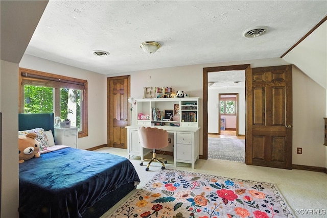 8327 Fulham Ct, Richmond, VA 23227 - bedroom featuring light carpet, a textured ceiling, multiple windows, and an office area
