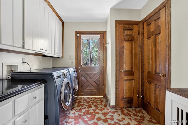 8327 Fulham Ct, Richmond, VA 23227 - laundry area with cabinet space, washing machine and clothes dryer, and tile patterned floors
