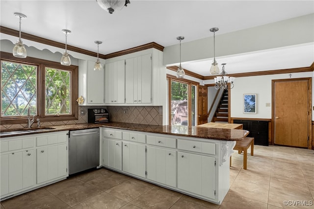8327 Fulham Ct, Richmond, VA 23227 - kitchen featuring stainless steel dishwasher, ornamental molding, a peninsula, decorative backsplash, and white cabinets
