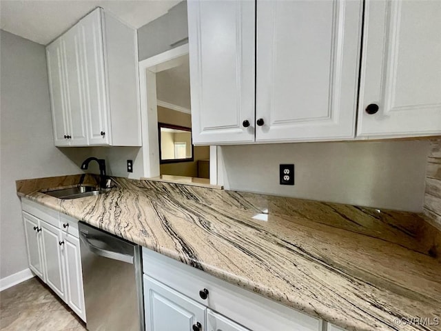 11767 N Briar Patch Dr, Midlothian, VA 23113 - kitchen featuring stainless steel dishwasher, white cabinetry, and light stone counters