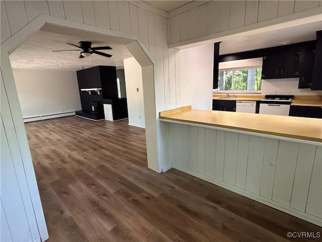 11532 Elmwood Ln, Chester, VA 23831 - kitchen featuring a baseboard heating unit, gas range oven, dark wood-type flooring, white dishwasher, and a ceiling fan