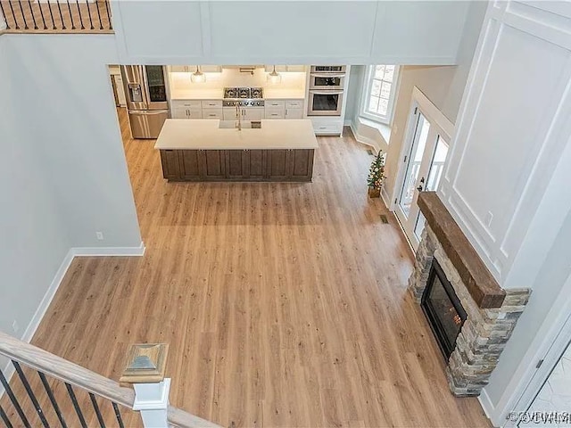 4788 Powhatan Lakes Rd, Powhatan, VA 23139 - kitchen with appliances with stainless steel finishes, light wood-style floors, a fireplace, and light countertops