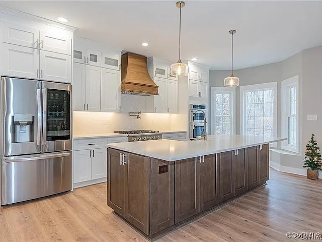 4788 Powhatan Lakes Rd, Powhatan, VA 23139 - kitchen with stainless steel appliances, custom exhaust hood, light wood-style flooring, light countertops, and recessed lighting