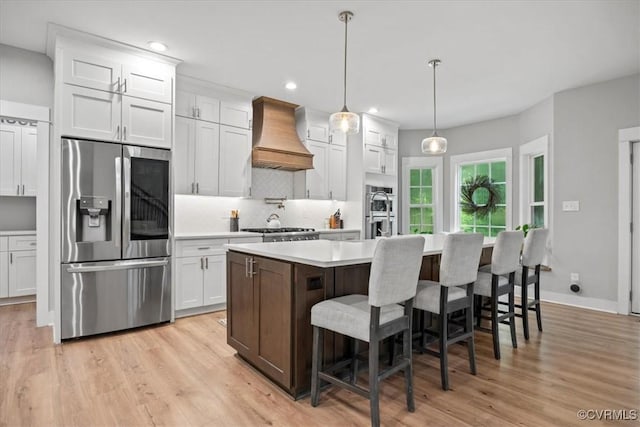 4788 Powhatan Lakes Rd, Powhatan, VA 23139 - kitchen featuring stainless steel appliances, custom exhaust hood, a kitchen island with sink, backsplash, and white cabinets