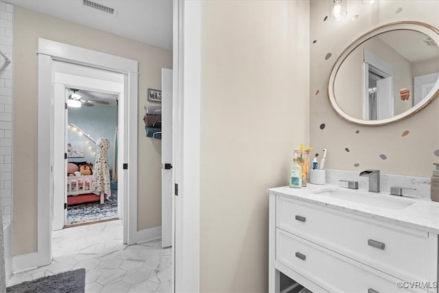 4788 Powhatan Lakes Rd, Powhatan, VA 23139 - full bathroom with vanity, tile patterned flooring, connected bathroom, and ceiling fan