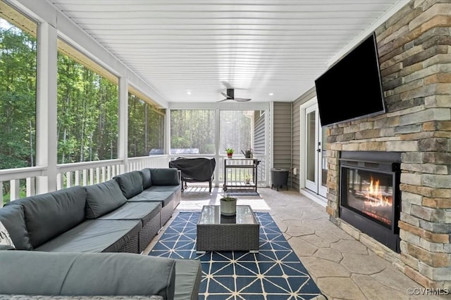 4788 Powhatan Lakes Rd, Powhatan, VA 23139 - sunroom featuring an outdoor living space with a fireplace and ceiling fan