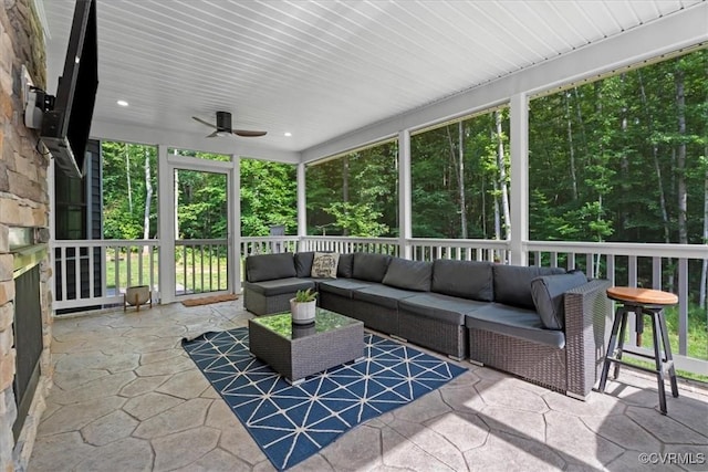 4788 Powhatan Lakes Rd, Powhatan, VA 23139 - sunroom featuring a ceiling fan and an outdoor hangout area