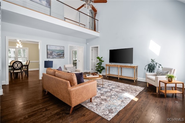 14221 Sylvan Ridge Rd, Chesterfield, VA 23838 - living room featuring ceiling fan, dark wood-style flooring, and a high ceiling