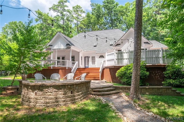 14221 Sylvan Ridge Rd, Chesterfield, VA 23838 - rear view of house featuring stairs, a wooden deck, a patio area, and a shingled roof