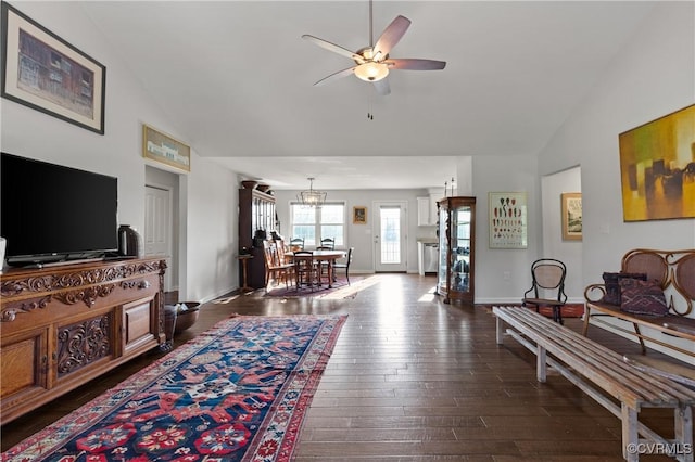 4473 Pin Oak Rd, Prospect, VA 23960 - living room featuring a ceiling fan, a chandelier, dark wood finished floors, and high vaulted ceiling