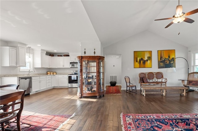 4473 Pin Oak Rd, Prospect, VA 23960 - living area featuring a ceiling fan, hardwood / wood-style flooring, plenty of natural light, vaulted ceiling, and recessed lighting