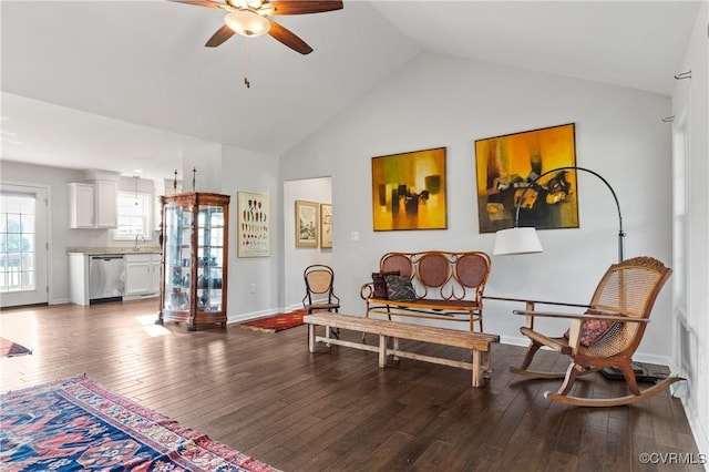 4473 Pin Oak Rd, Prospect, VA 23960 - living area with ceiling fan, lofted ceiling, and dark wood-style flooring