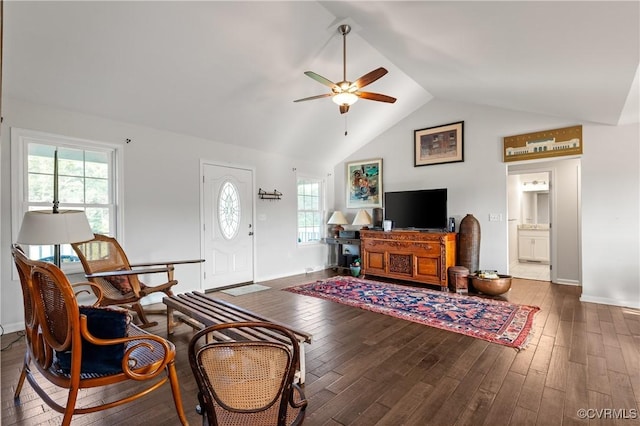4473 Pin Oak Rd, Prospect, VA 23960 - living room featuring a ceiling fan, wood-type flooring, and high vaulted ceiling