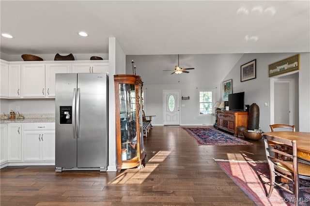 4473 Pin Oak Rd, Prospect, VA 23960 - kitchen featuring stainless steel fridge, a ceiling fan, white cabinetry, recessed lighting, and lofted ceiling