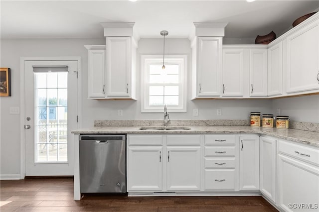 4473 Pin Oak Rd, Prospect, VA 23960 - kitchen with stainless steel dishwasher, white cabinets, dark wood-style flooring, pendant lighting, and light stone countertops