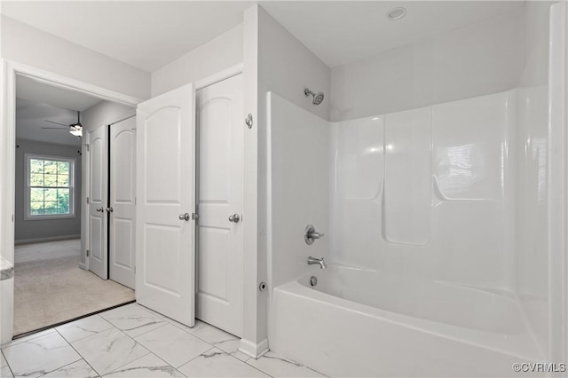 4473 Pin Oak Rd, Prospect, VA 23960 - full bath featuring marble finish floors, bathing tub / shower combination, and a ceiling fan