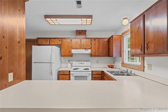 11192 Eventide Ln, Gloucester, VA 23061 - kitchen with white appliances, under cabinet range hood, light countertops, brown cabinetry, and a peninsula