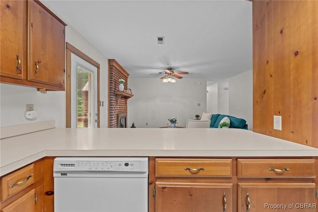 11192 Eventide Ln, Gloucester, VA 23061 - kitchen featuring white dishwasher, light countertops, a peninsula, ceiling fan, and brown cabinets