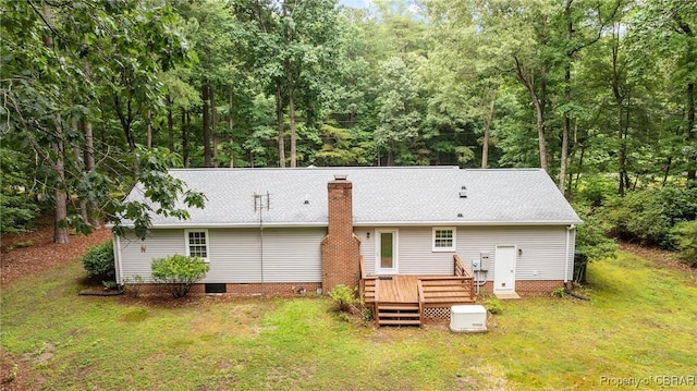 11192 Eventide Ln, Gloucester, VA 23061 - rear view of house featuring a wooden deck, a lawn, a chimney, and crawl space