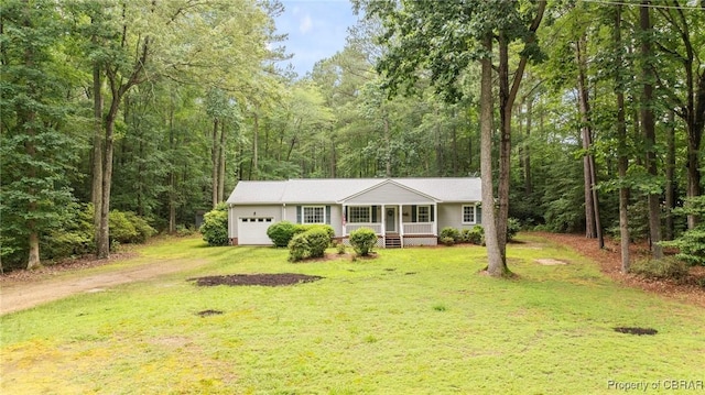 11192 Eventide Ln, Gloucester, VA 23061 - ranch-style home with a porch, an attached garage, driveway, and a front lawn