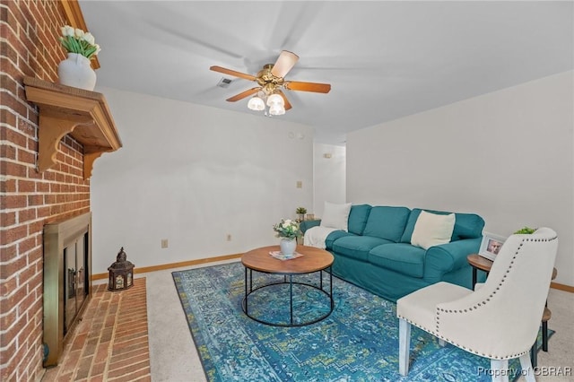 11192 Eventide Ln, Gloucester, VA 23061 - living room with ceiling fan and a fireplace