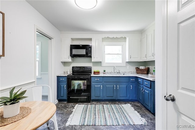 619 Winnetka Ave, Richmond, VA 23227 - kitchen featuring black appliances, blue cabinets, white cabinetry, and ornamental molding