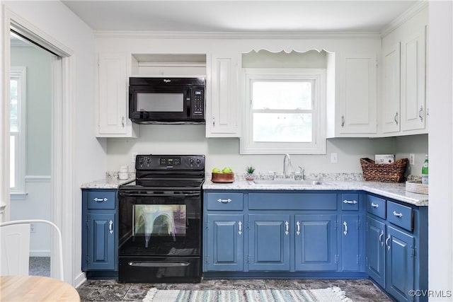 619 Winnetka Ave, Richmond, VA 23227 - kitchen featuring black appliances, blue cabinetry, and white cabinetry