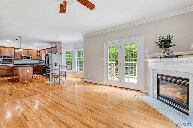 16494 Connie Hall Rd, Montpelier, VA 23192 - living room with a ceiling fan, light wood-type flooring, a fireplace, and ornamental molding
