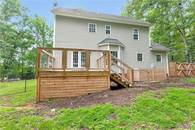 16494 Connie Hall Rd, Montpelier, VA 23192 - rear view of property featuring a wooden deck, a fenced backyard, stairway, a gate, and a shingled roof