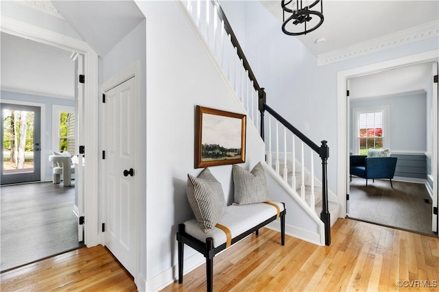341 Rossmere Dr, Midlothian, VA 23114 - stairs featuring hardwood / wood-style flooring and a chandelier