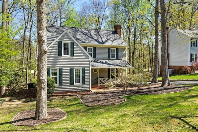 341 Rossmere Dr, Midlothian, VA 23114 - view of front facade featuring a chimney, a porch, a front yard, and roof with shingles