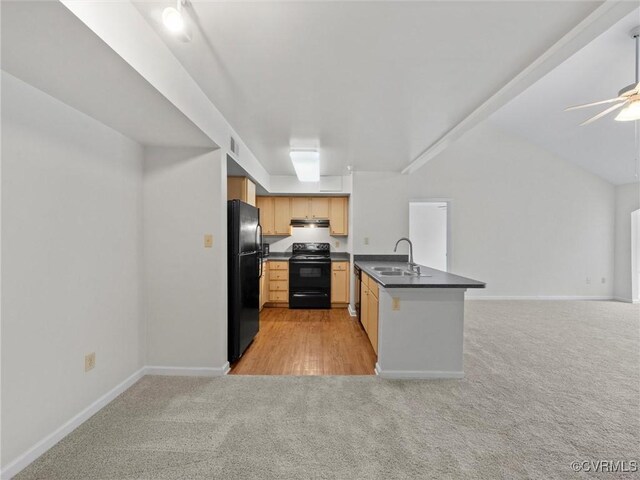 624 Bristol Village Dr Unit 302, Chesterfield, VA 23114 - kitchen with black appliances, light colored carpet, open floor plan, and dark countertops