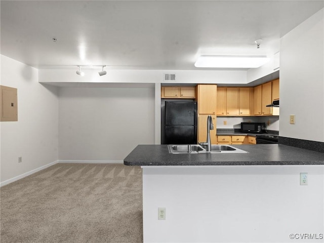624 Bristol Village Dr Unit 302, Chesterfield, VA 23114 - kitchen featuring black appliances, dark countertops, electric panel, a peninsula, and light colored carpet