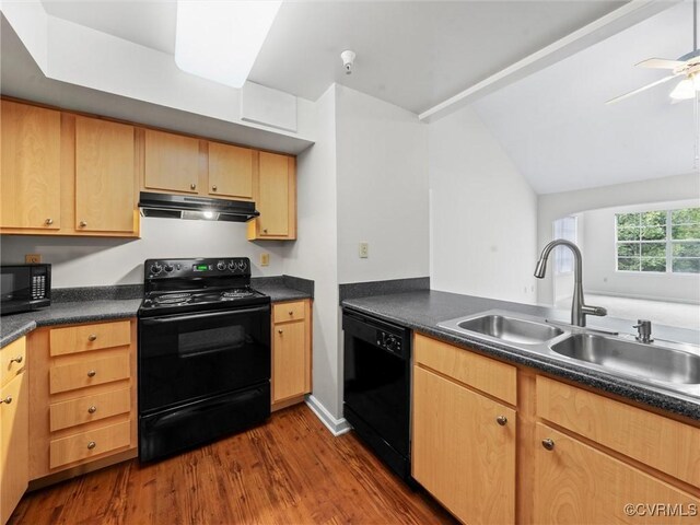 624 Bristol Village Dr Unit 302, Chesterfield, VA 23114 - kitchen with black appliances, under cabinet range hood, dark wood finished floors, dark countertops, and light brown cabinets