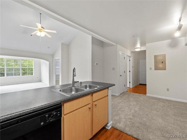624 Bristol Village Dr Unit 302, Chesterfield, VA 23114 - kitchen with dishwasher, electric panel, a ceiling fan, dark countertops, and vaulted ceiling