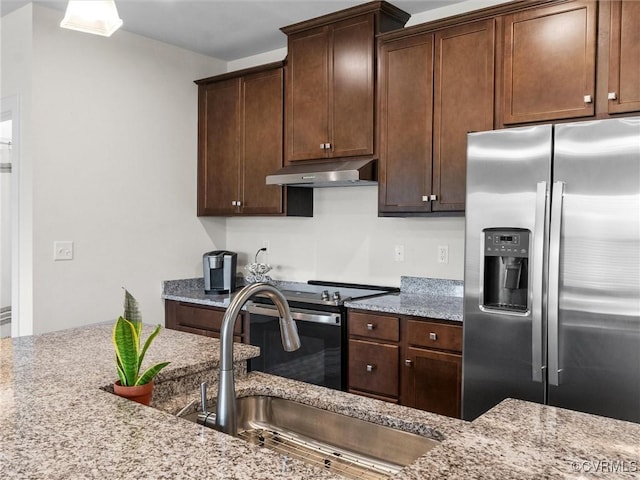 3700 Maze Runner Dr Unit 104, Midlothian, VA 23112 - kitchen featuring appliances with stainless steel finishes, under cabinet range hood, light stone countertops, and dark brown cabinetry