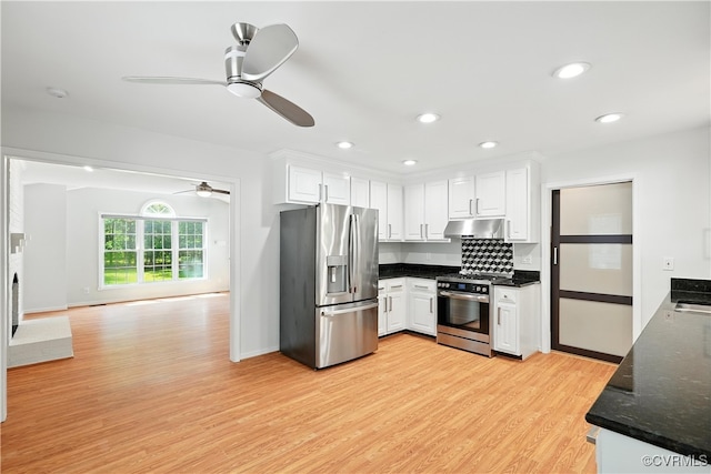 15685 Kennons Ln, Amelia, VA 23002 - kitchen featuring appliances with stainless steel finishes, under cabinet range hood, ceiling fan, white cabinetry, and recessed lighting