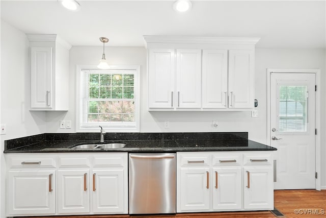 15685 Kennons Ln, Amelia, VA 23002 - kitchen with dishwasher, white cabinetry, light wood finished floors, hanging light fixtures, and dark stone countertops